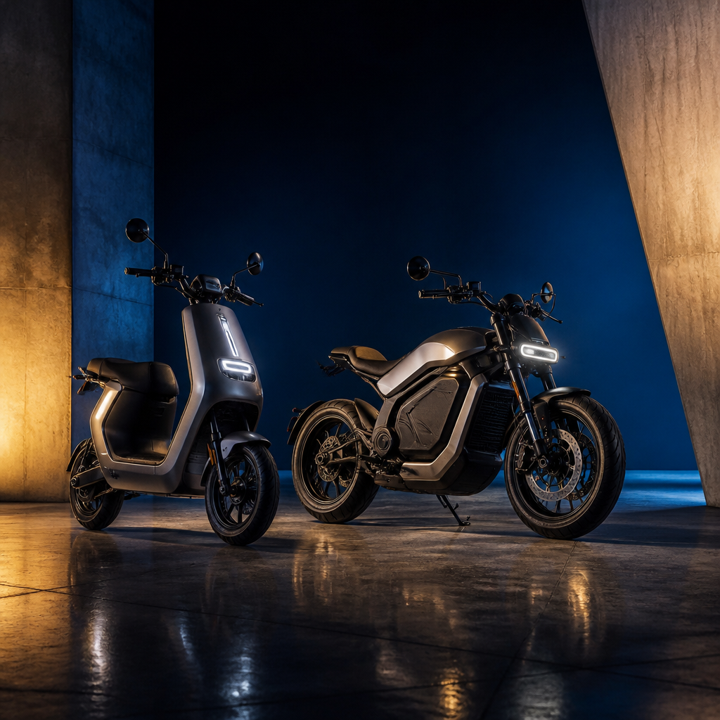 Electric scooter and motorcycle in a studio setting